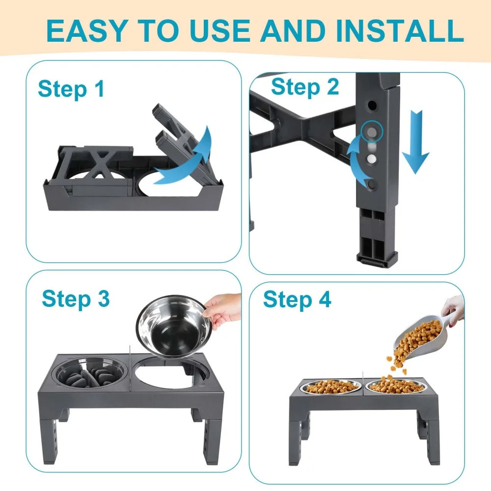 Foldable Elevated Dog Feeder Bowls 5-Height Adjustable Raised Stand with Bowls Foldable Food Stand for Small Medium Large Dogs