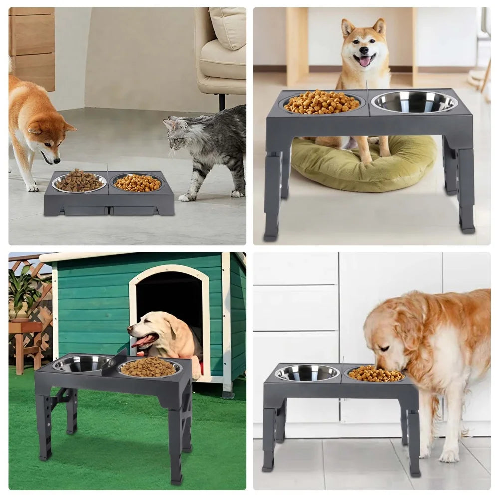 Foldable Elevated Dog Feeder Bowls 5-Height Adjustable Raised Stand with Bowls Foldable Food Stand for Small Medium Large Dogs