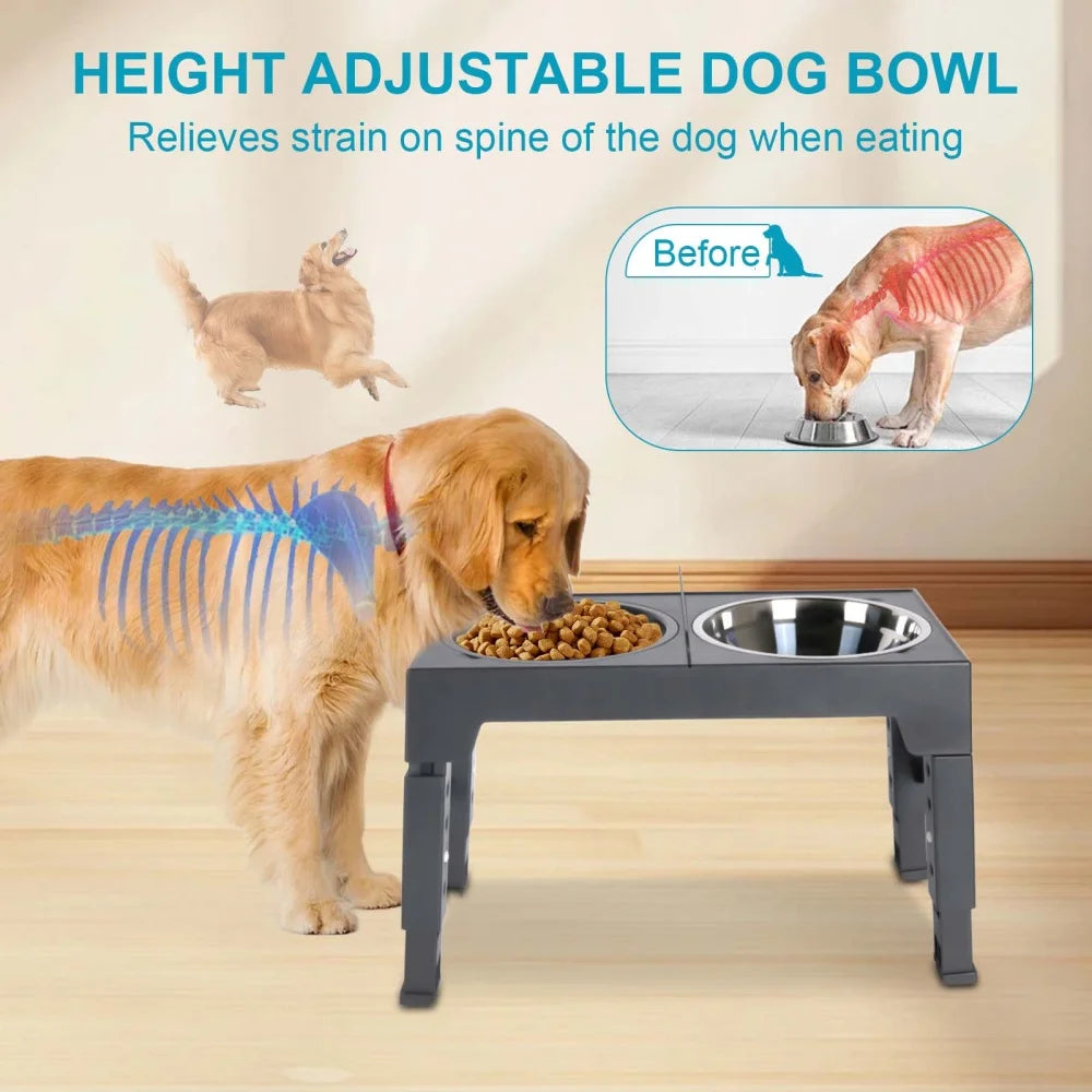 Foldable Elevated Dog Feeder Bowls 5-Height Adjustable Raised Stand with Bowls Foldable Food Stand for Small Medium Large Dogs