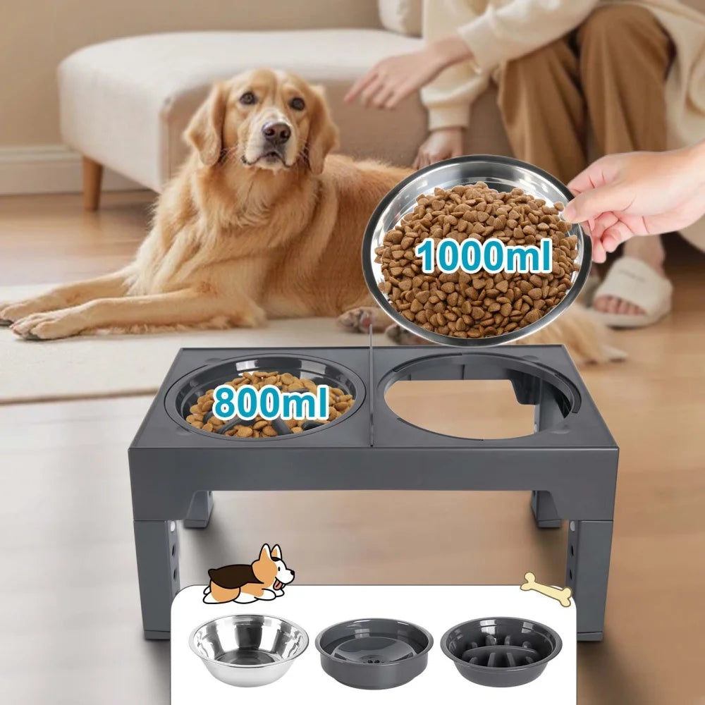 Foldable Elevated Dog Feeder Bowls 5-Height Adjustable Raised Stand with Bowls Foldable Food Stand for Small Medium Large Dogs