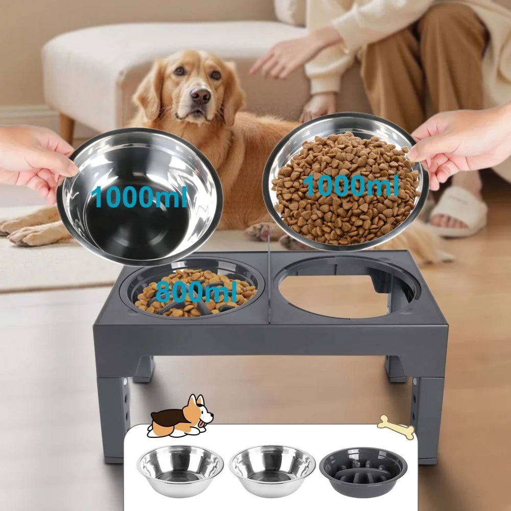 Foldable Elevated Dog Feeder Bowls 5-Height Adjustable Raised Stand with Bowls Foldable Food Stand for Small Medium Large Dogs
