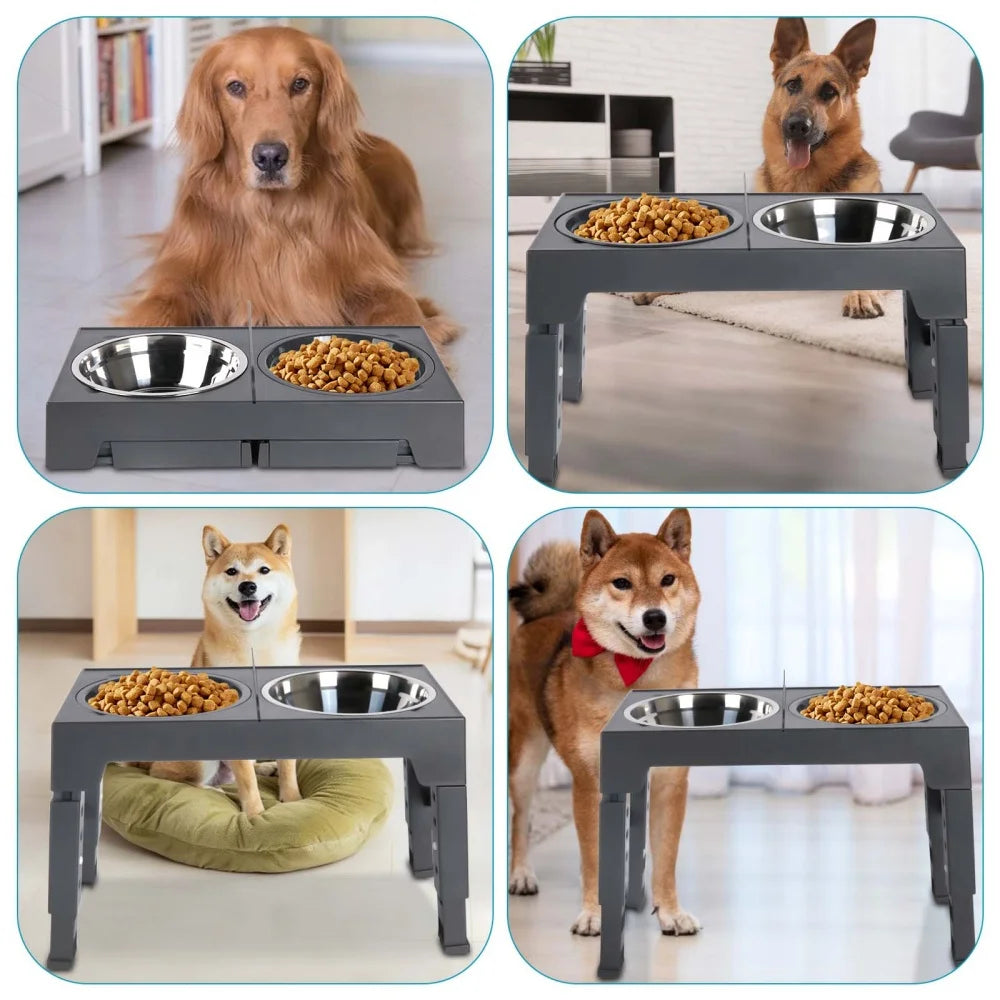 Foldable Elevated Dog Feeder Bowls 5-Height Adjustable Raised Stand with Bowls Foldable Food Stand for Small Medium Large Dogs