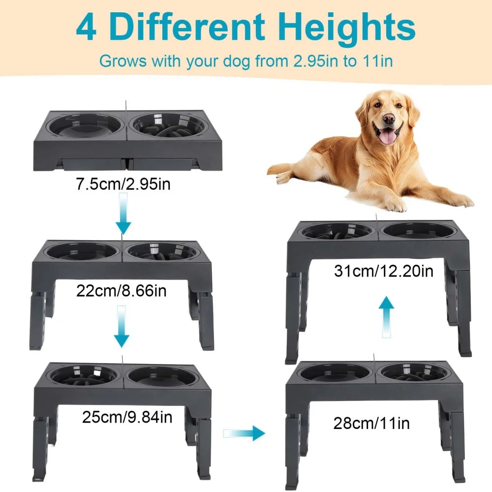 Foldable Elevated Dog Feeder Bowls 5-Height Adjustable Raised Stand with Bowls Foldable Food Stand for Small Medium Large Dogs