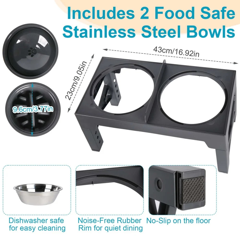 Foldable Elevated Dog Feeder Bowls 5-Height Adjustable Raised Stand with Bowls Foldable Food Stand for Small Medium Large Dogs