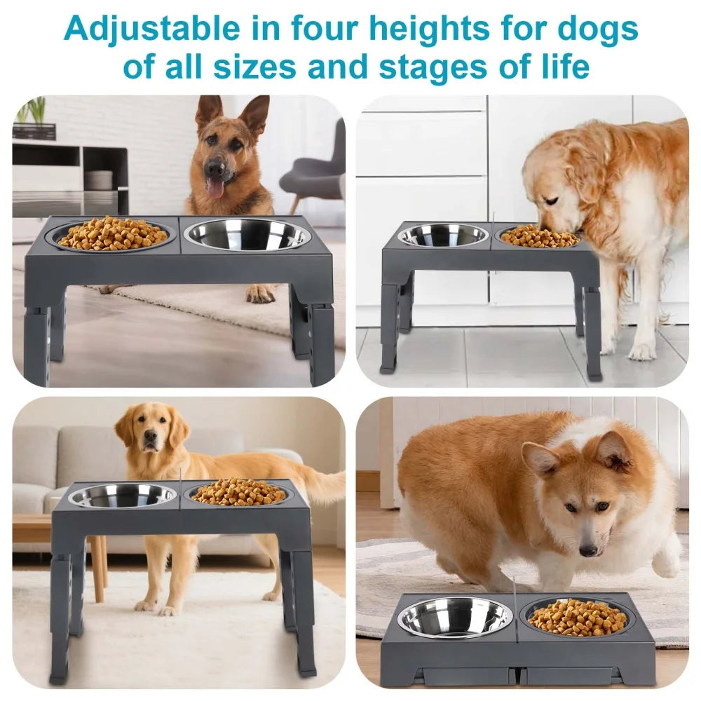 Foldable Elevated Dog Feeder Bowls 5-Height Adjustable Raised Stand with Bowls Foldable Food Stand for Small Medium Large Dogs