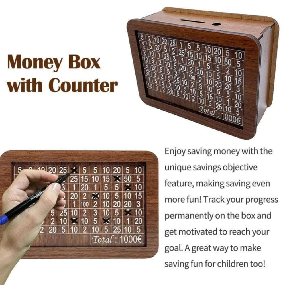1000/3000/5000/10000 Euro Money Box Wooden Piggy Bank Reusable Money Cash Storage