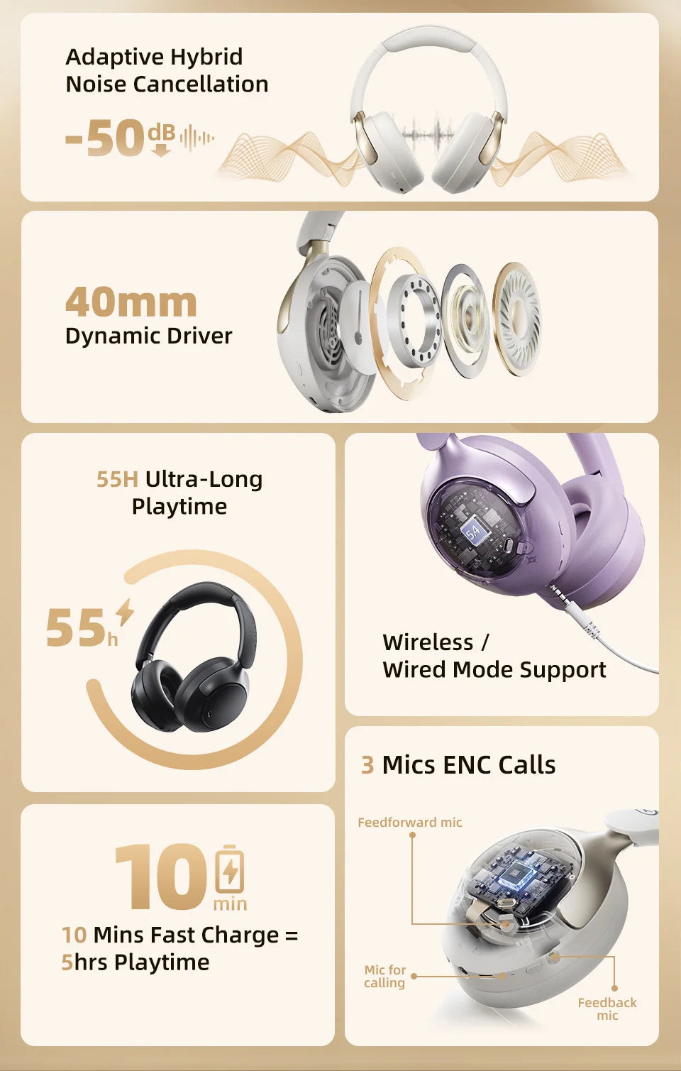QCY H3 Pro ANC Wireless Bluetooth Headphone Hi-Res Spatial Audio Earphone